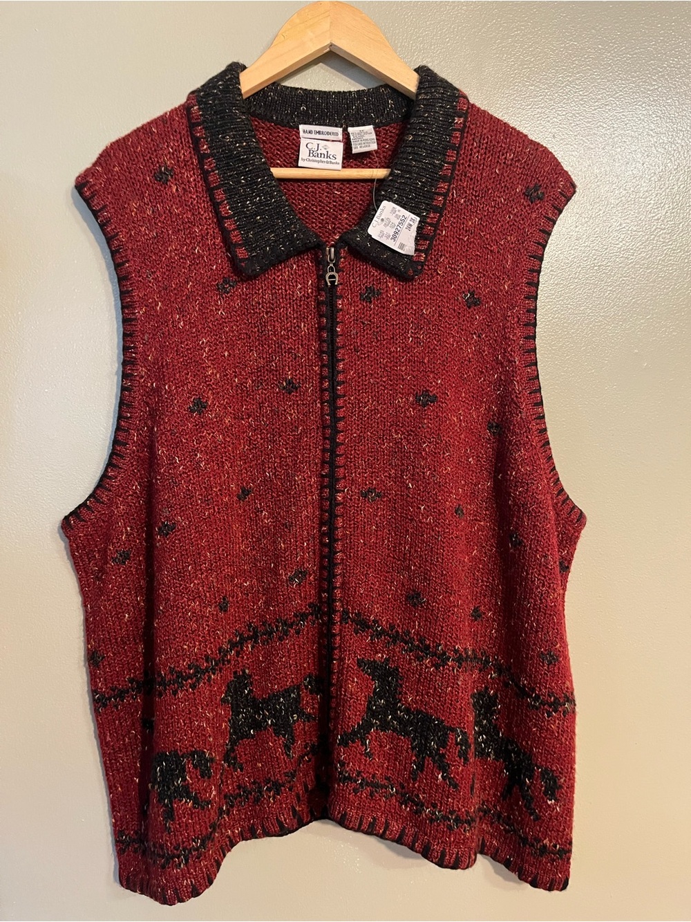 CJ Banks Red and Black Zip-Up Knit Sweater Vest Wool Blend Horses VTG 3X NWT